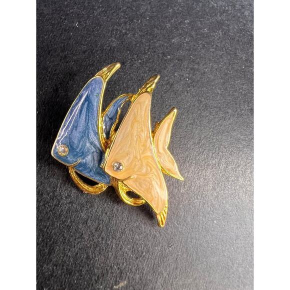 MCJ Jewelry - Vintage MCJ Signed Exotic Fish Gold Tone Brooch Pin - Rhinestones, Enamel